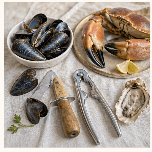 Shellfish served with lemon, herbs and kitchen tools