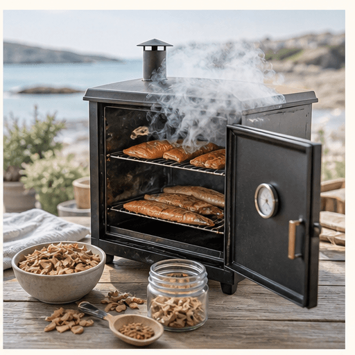 Smoked seafood in a coastal smoker with wood chips and smoke