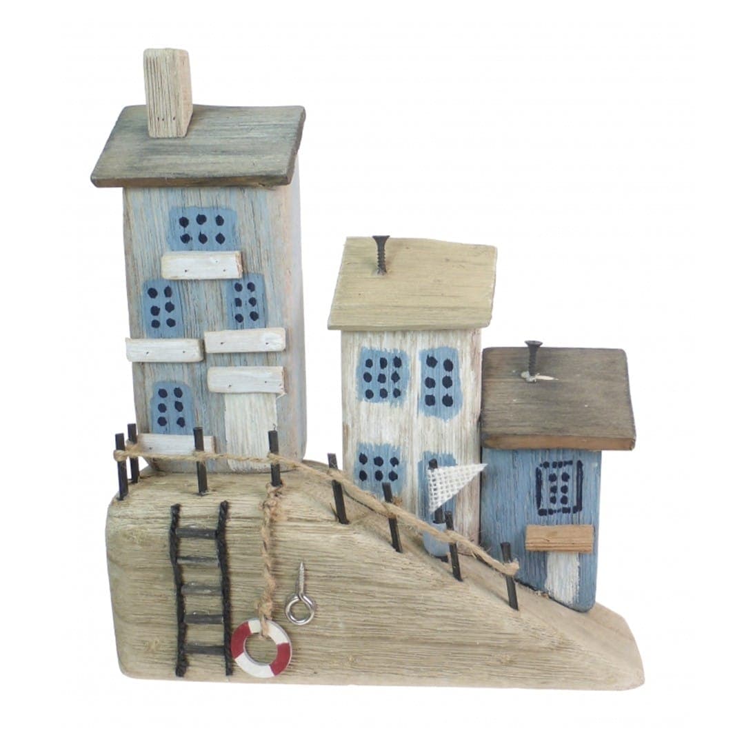 Wooden Harbourside Cottages Coastal Ornament 27cm