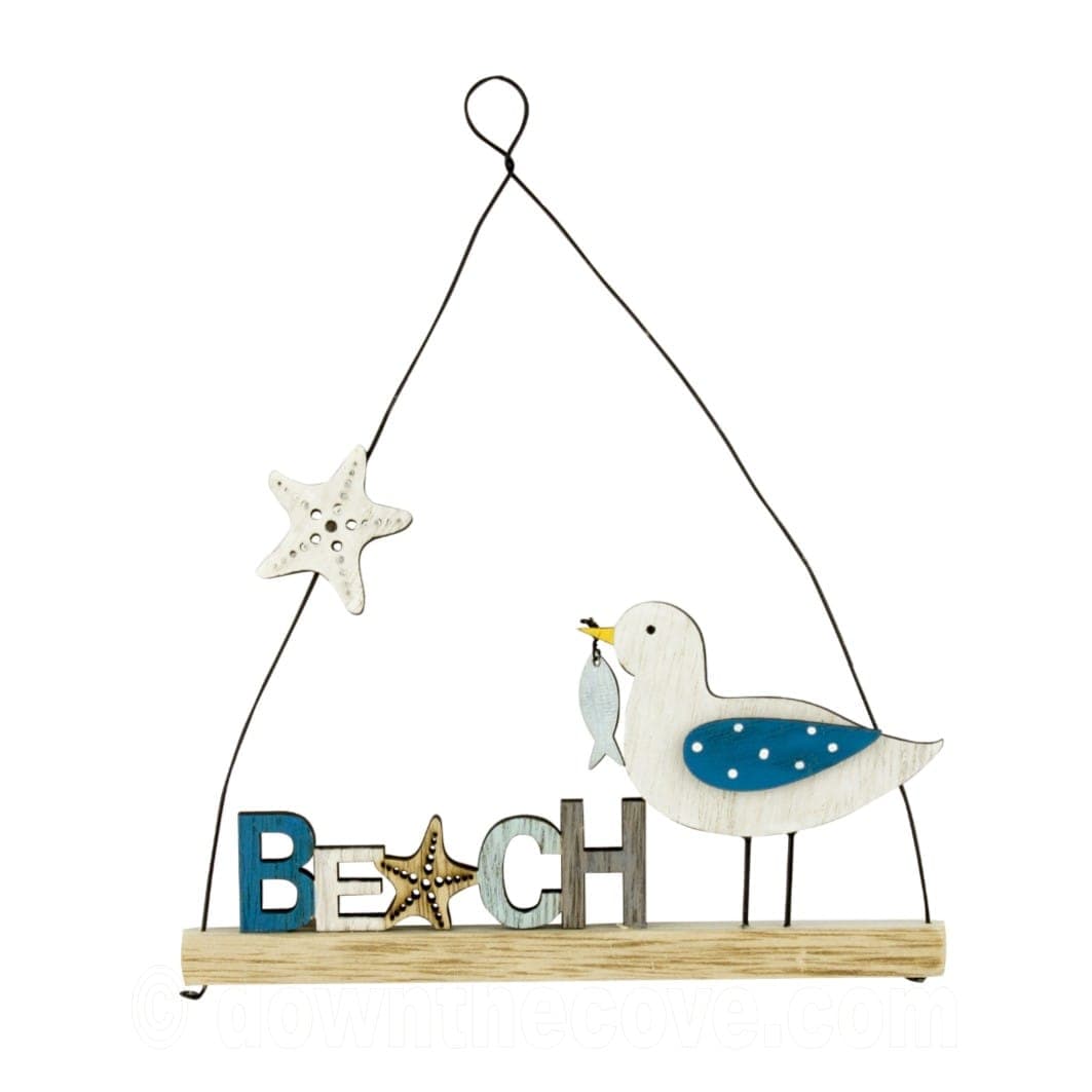 Beach Sign With Seagull 15cm Wooden Hanging Sign
