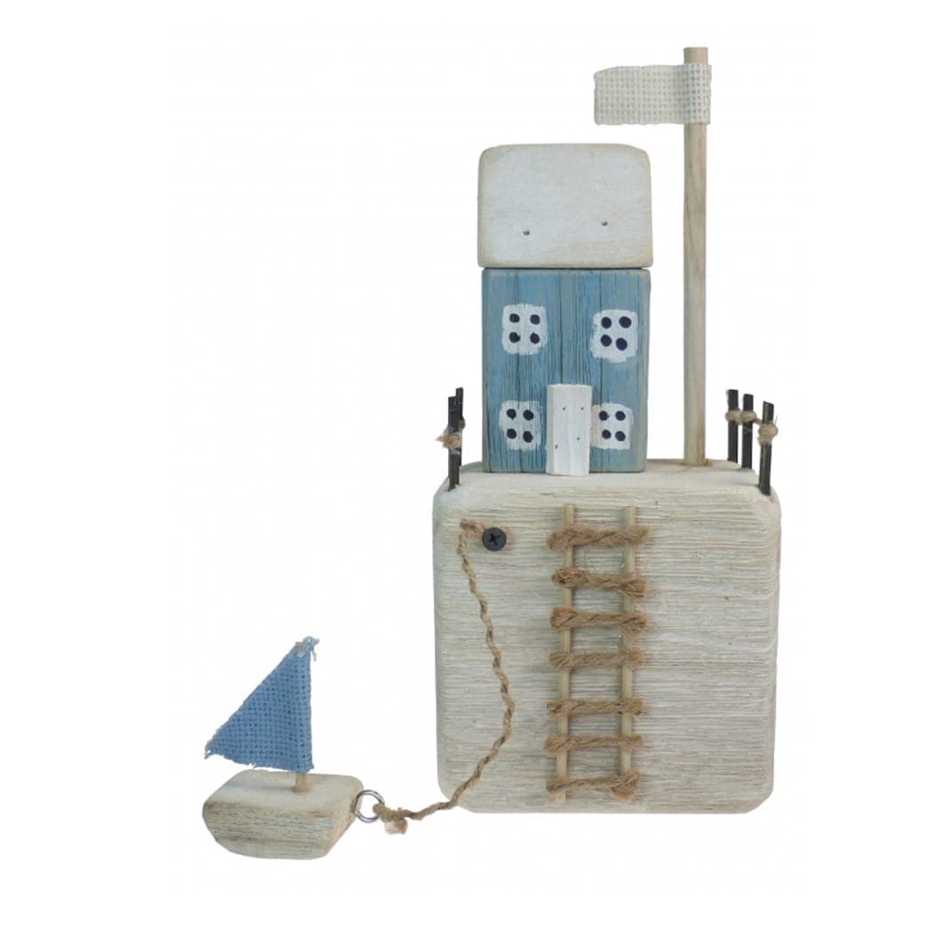 Wooden Harbourside Cottage And Boat Coastal Ornament