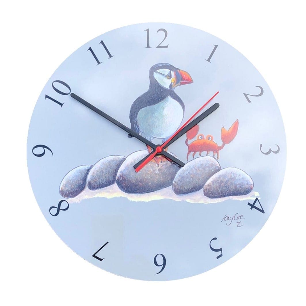 Large Puffin And Crab Clock 30cm Cornwall Coastal Clock
