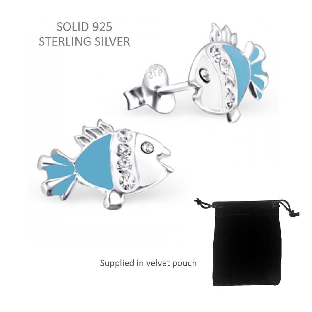 Children's Silver Fish Ear Studs with Crystal - Blue image 1