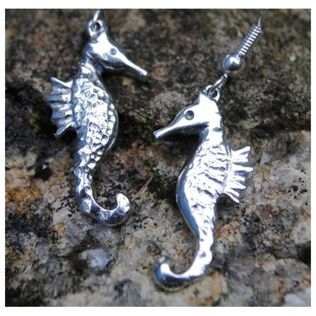 Cornish Seahorse Drop Earrings Polished Pewter
