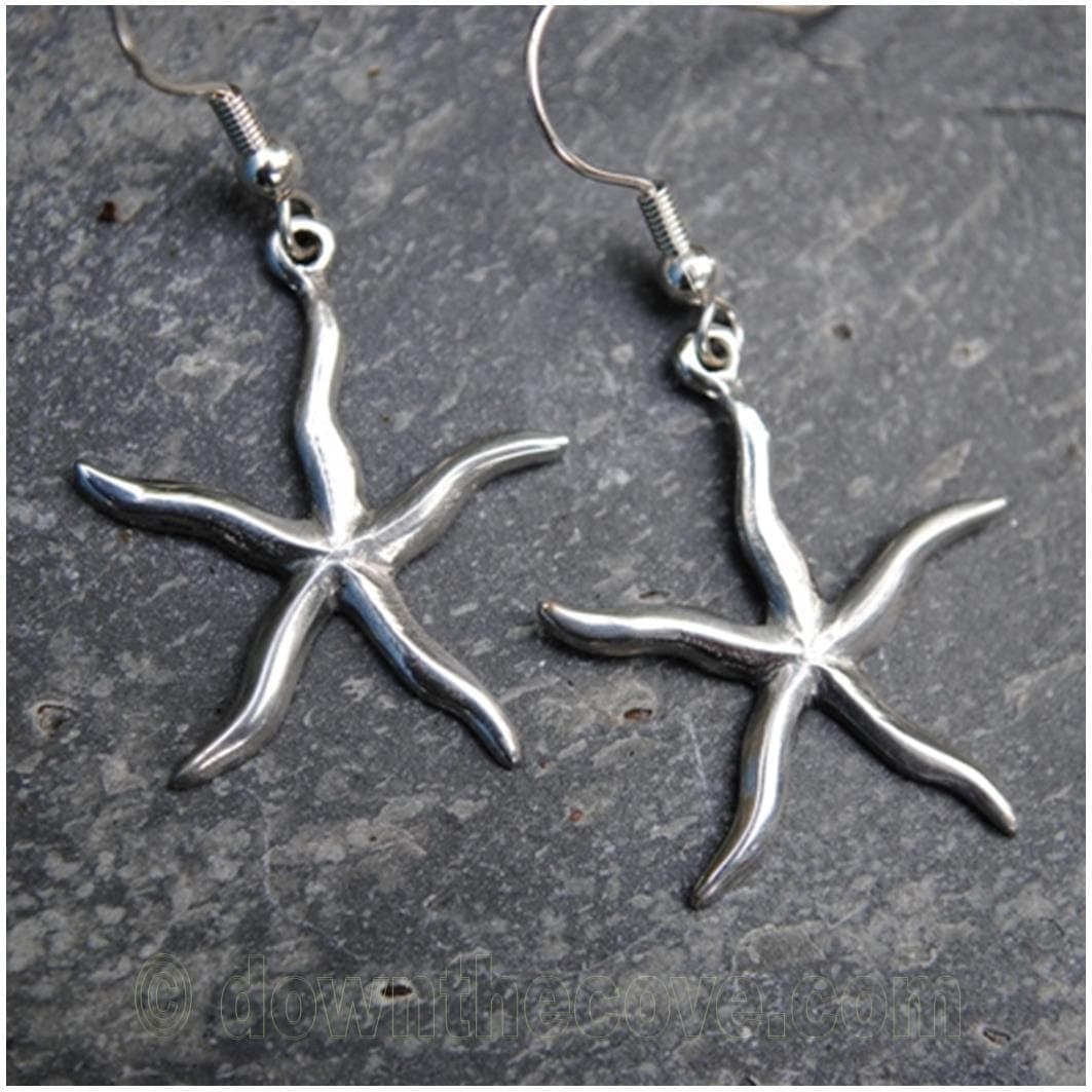 Cornish Starfish Drop Earrings Polished Pewter