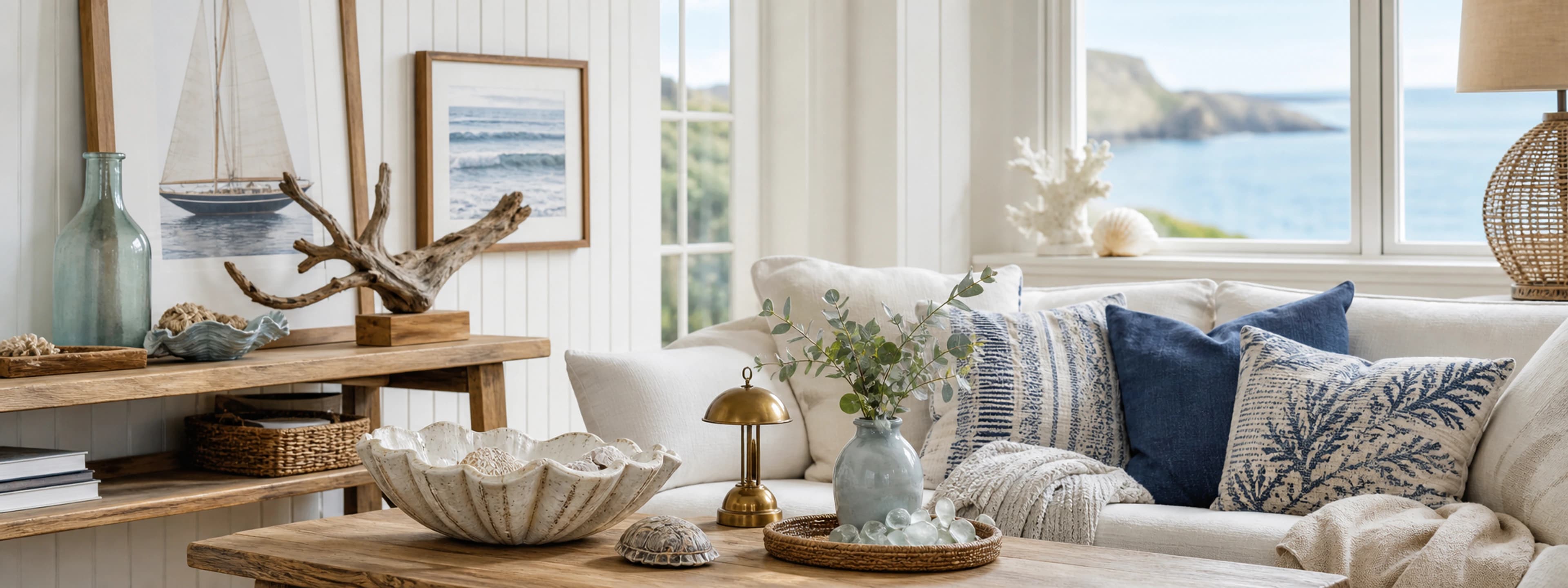 Coastal living room with nautical wall art, driftwood, shells and woven textures