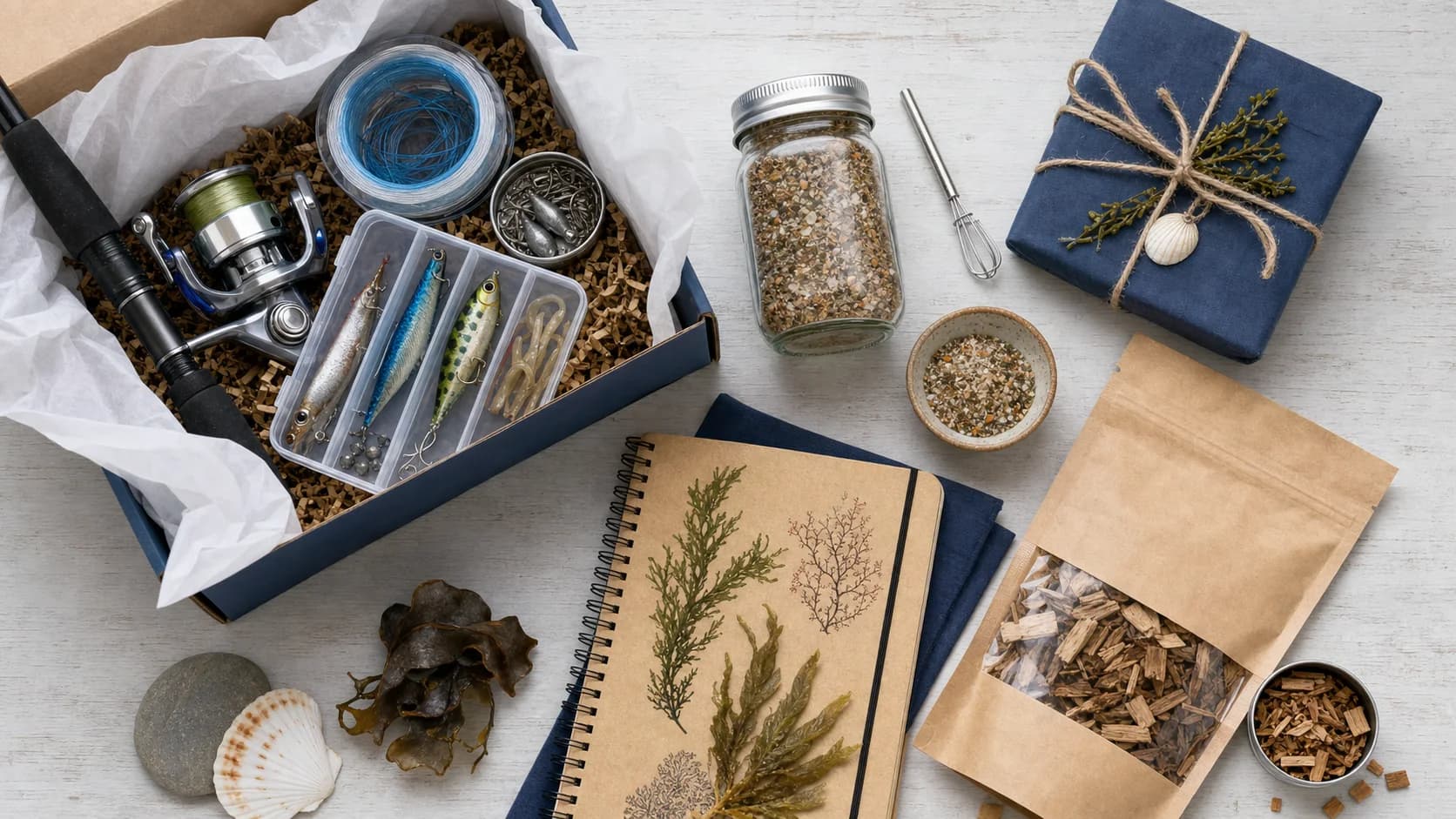A Cove Club contents flatlay with fishing tackle, seafood seasoning, foraging notes, smoking chips and a coastal gift