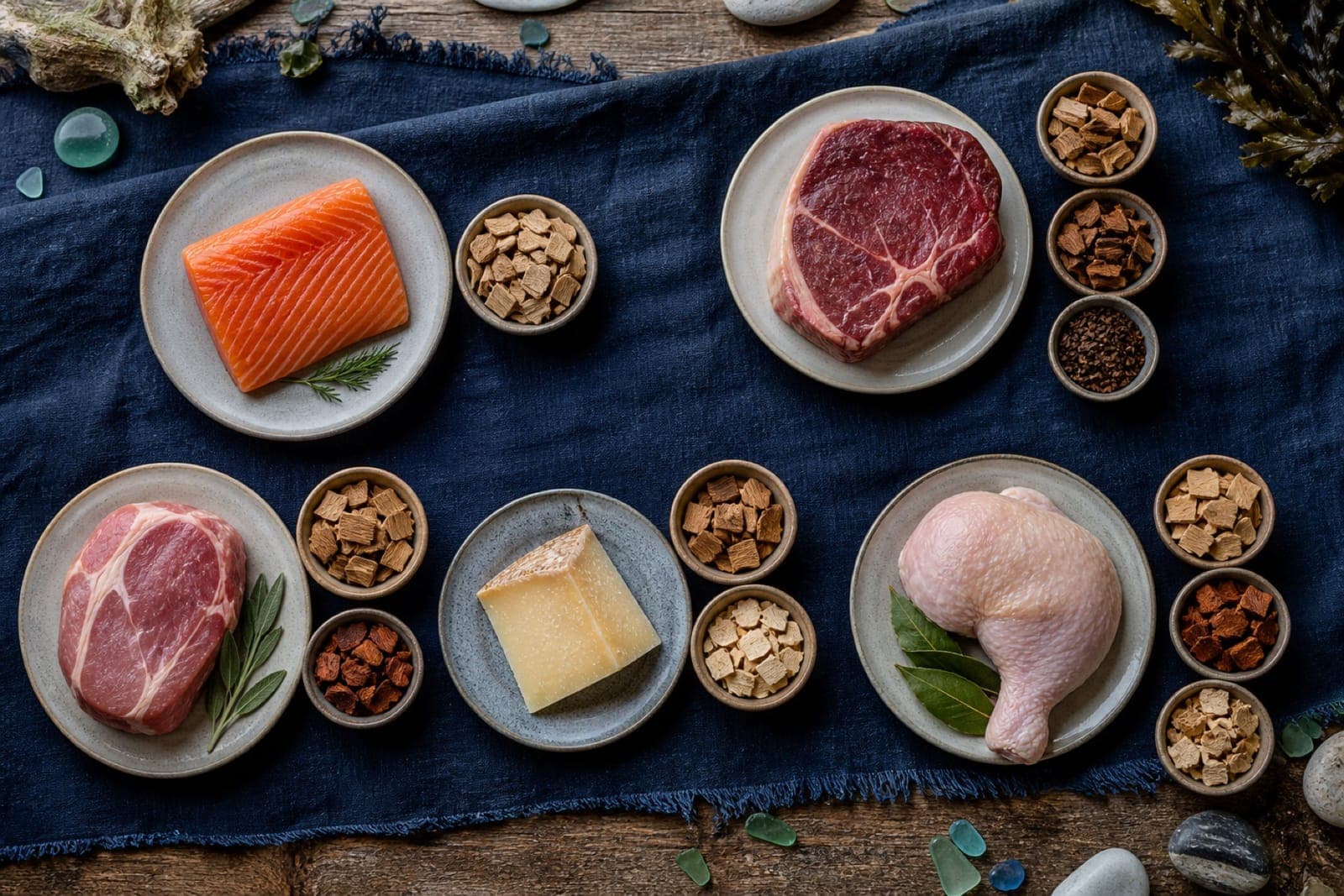 Natural smoking woods arranged with salmon, beef, pork, cheese and poultry for a food pairing guide